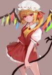  1girl ascot bangs blonde_hair breasts brown_background closed_mouth collared_shirt commentary crystal dokomon english_commentary eyebrows_visible_through_hair fang fang_out flandre_scarlet hair_between_eyes hair_ribbon hat highres holding long_hair looking_at_viewer mob_cap one_side_up puffy_short_sleeves puffy_sleeves red_eyes red_ribbon red_skirt red_vest ribbon shirt short_sleeves simple_background skirt small_breasts solo touhou vest white_headwear white_shirt wings yellow_neckwear 