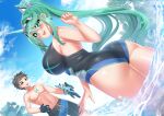  1boy 1girl ass bangs breasts green_eyes green_hair highres horn_ornament horns katou_shinobu large_breasts long_hair ocean one-piece_swimsuit pneuma_(xenoblade) ponytail rex_(xenoblade) swept_bangs swimsuit very_long_hair water xenoblade_chronicles_(series) xenoblade_chronicles_2 