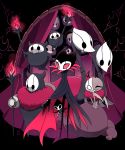  6+others animal_print bat_print black_background brumm cloak closed_eyes commentary_request curtains dated divine_(hollow_knight) fire flying full_body fur_collar grimm_(hollow_knight) grimmchild grimmkin grimmsteed half_mask highres holding_torch hollow_knight horns looking_at_viewer mask multiple_others no_humans peeking_out pink_fire red_eyes sango_(y1994318) smile standing torch 