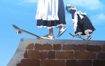  2girls brick_wall clouds hair_bun maid maid_dress medium_hair multiple_girls original shoes skateboard sky sneakers suzushiro_(suzushiro333) 