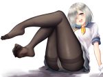  1girl :d black_legwear blue_eyes blue_sailor_collar blush full_body grey_skirt hair_ornament hair_over_one_eye hairclip hamakaze_(kantai_collection) highres kamidanomi kantai_collection neckerchief open_mouth panties panties_under_pantyhose pantyhose pleated_skirt sailor_collar school_uniform serafuku short_hair short_sleeves silver_hair simple_background skirt smile solo underwear white_background white_panties yellow_neckwear 