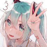  1girl blush face fang green_eyes green_hair green_nails hair_between_eyes hatsune_miku long_hair necojishi open_mouth solo twintails vocaloid white_background 