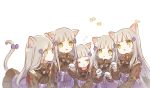  5girls :&lt; :d alithea_jane animal animal_ear_fluff animal_ears bangs black_skirt blush_stickers bow breasts bug butterfly cat_ears cat_girl cat_tail closed_eyes closed_mouth facial_mark girls_frontline gloves green_eyes grey_hair hair_ornament hk416_(girls_frontline) insect jacket kemonomimi_mode long_hair long_sleeves multiple_girls multiple_persona open_mouth parted_lips paw_pose pleated_skirt purple_bow purple_jacket simple_background skirt sleeping small_breasts smile tail tail_bow very_long_hair white_background white_gloves 
