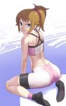  1girl ass bare_shoulders bike_shorts blue_eyes breasts brown_hair closed_mouth commentary_request gundam gundam_build_fighters gundam_build_fighters_try highres hoshino_fumina looking_at_viewer midriff ponytail scrunchie short_hair solo sports_bra turiganesou800 