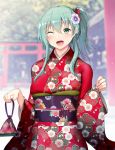  1girl alternate_costume alternate_hairstyle aqua_hair bangs blush breasts day eyebrows_visible_through_hair floral_print flower gin&#039;ichi_(akacia) green_eyes hair_between_eyes hair_flower hair_ornament holding japanese_clothes kantai_collection kimono long_hair long_sleeves new_year obi one_eye_closed open_mouth outdoors ponytail sash sidelocks solo suzuya_(kantai_collection) wide_sleeves 