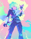  1boy absurdres belt black_gloves closed_mouth frilled_sleeves frills gloves green_hair half_gloves highres km_(ksolee1201) knee_pads lio_fotia looking_down male_focus medium_hair promare solo tight violet_eyes 