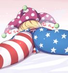  1girl arioridream ass close-up clownpiece fairy_wings hat jester_cap lying on_stomach pantyhose polka_dot simple_background solo star star_print striped touhou transparent_wings wings 