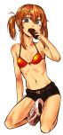 1girl bare_arms bare_shoulders belt bikini black_shorts bloodborne breasts bright_pupils brown_belt dated eating eyebrows_visible_through_hair fingernails food_request full_body grey_eyes hair_between_eyes halterneck hand_up highres kotoba_noriaki looking_at_viewer navel open_mouth orange_hair original red_bikini seiza short_hair short_shorts shorts sidelocks signature simple_background sitting skinny small_breasts solo swimsuit twintails white_background 