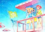  aikatsu!_(series) aikatsu_stars! bikini blonde_hair blue_eyes blue_sky bow brown_eyes casual_one-piece_swimsuit commentary_request eyelashes gradient_hair hair_bow halterneck hand_up highres jacket jacket_over_swimsuit katou_akatsuki looking_to_the_side multicolored_hair multiple_girls nijino_yume one-piece_swimsuit open_mouth pink_hair railing sakuraba_rola shorts sky smile standing striped swimsuit vertical-striped_bikini vertical_stripes 