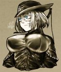  1girl between_breasts bloodborne bow_(weapon) breasts bright_pupils closed_mouth dated facial_scar green_eyes grey_background hair_between_eyes hat kotoba_noriaki large_breasts monochrome original scar scar_on_cheek short_hair signature simple_background solo spot_color strap_between_breasts underbust weapon weapon_on_back 