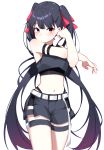  1girl arm_strap bare_shoulders belt black_hair black_shirt black_shorts choker commentary_request cowboy_shot crop_top gradient_hair hair_ribbon highleg highres ichiki_1 long_hair looking_at_viewer midriff multicolored_hair navel original red_eyes red_ribbon ribbon shirt short_shorts shorts simple_background sleeveless sleeveless_shirt solo stomach stretch thighs twintails very_long_hair white_background 