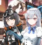  3girls absurdres armband black_bow black_gloves blue_bow blue_star blue_stripes blurry bob_cut bow bowtie braid brooch caws_(girls_frontline) character_doll character_request city commentary_request depth_of_field elbow_gloves eyelashes eyeshadow german_flag girls_frontline gloves goggles goggles_on_head hair_bow highres hood hooded_jacket jacket jewelry lez long_hair makeup multiple_girls night open_mouth outdoors partly_fingerless_gloves red_eyes red_eyeshadow shopping silver_hair ski_goggles smile striped tokarev_(girls_frontline) tsurime upper_body vertical-striped_gloves vertical_stripes yellow_eyes 