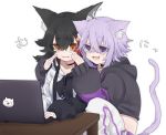  2girls animal_ear_fluff animal_ears black_hair cat_ears cat_tail computer fang highres hololive hood hood_down hoodie laptop lavender_hair long_hair multicolored_hair multiple_girls nekomata_okayu ookami_mio orange_eyes pants pochimoto redhead short_hair skin_fang streaked_hair sweatdrop tail tears wolf_ears 