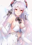  1girl antenna_hair azur_lane blush breasts bridal_gauntlets bridal_veil dress eyebrows_visible_through_hair gloves hair_between_eyes headgear kaki_tsubata large_breasts long_hair looking_at_viewer mole mole_on_breast multicolored_hair navel prinz_eugen_(azur_lane) prinz_eugen_(symphonic_fate)_(azur_lane) silver_hair smile solo two_side_up veil very_long_hair wedding_dress white_dress 