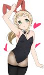  1girl absurdres animal_ears arm_up armpits bare_shoulders black_legwear black_leotard blonde_hair blush breasts bunny_girl bunnysuit choker collarbone covered_navel fake_animal_ears green_eyes groin highres inose_mai koisuru_asteroid leotard long_hair looking_at_viewer open_mouth pantyhose ponytail rabbit_ears riyo_(aokiwazumi) shiny shiny_hair shiny_skin simple_background small_breasts solo thigh-highs white_background 