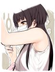  1girl armpits bangs black_hair blunt_bangs blush breasts brown_eyes cellphone highres idolmaster idolmaster_shiny_colors long_hair mask mayuzumi_fuyuko medium_breasts mouth_mask phone shirt sleeveless sleeveless_shirt subway sunaba_suzume surgical_mask two_side_up white_shirt 