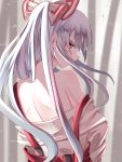  1girl bare_shoulders blurry blurry_background bow colored_eyelashes commentary_request depth_of_field fall_dommmmmer fujiwara_no_mokou hair_bow highres long_hair looking_at_viewer looking_back off_shoulder ponytail profile red_eyes shirt shirt_pull silver_hair solo suspenders suspenders_slip touhou upper_body very_long_hair white_bow white_shirt 