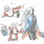  2girls anger_vein bare_shoulders blue_coat blue_eyes blush can closed_eyes closed_mouth coat coffee cup dante_(devil_may_cry) devil_may_cry devil_may_cry_3 eating fingerless_gloves food frown genderswap genderswap_(mtf) gloves green_gloves hair_between_eyes holding holding_can holding_cup holding_food holding_pizza long_hair mlxgdog multiple_girls navel open_eyes open_mouth pizza red_coat short_hair short_shorts shorts simple_background sketch soda_can teeth thumbs_down upper_teeth vergil white_background white_hair 
