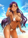  1girl armpits beach bikini breasts commentary_request dark_skin day elf highres large_breasts long_hair looking_at_viewer navel original pointy_ears purple_hair red_eyes sasagawa_(haikaiki) solo swimsuit wet 
