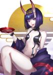  1girl :d alcohol bangs bare_shoulders blue_eyes breasts collarbone commentary_request cup fang fate/grand_order fate_(series) feet_out_of_frame hand_up head_tilt headpiece highres holding holding_cup horns japanese_clothes kimono looking_at_viewer navel off_shoulder oni oni_horns open_mouth purple_hair purple_kimono re_(re_09) revealing_clothes sakazuki sake short_hair shuten_douji_(fate/grand_order) sitting small_breasts smile solo stomach thighs white_background wristband 