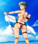  1girl ass bangs battleship belt bikini bikini_tan blue_sky breasts brown_belt butt_crack clouds commentary_request feet_out_of_frame flag from_behind green_eyes green_hair holding holding_flag kantai_collection looking_at_viewer looking_back medium_breasts military military_vehicle mogami_(kantai_collection) ocean red_bikini sameha_ikuya ship short_hair side-tie_bikini sideboob sky smile standing swept_bangs swimsuit tan tanline thigh_strap warship watercraft wristband 