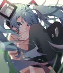 1girl absurdres aqua_eyes aqua_hair blurry commentary covering_mouth depth_of_field hair_ornament hatsune_miku headphones highres inarineko knees_to_chest long_hair looking_at_viewer solo thigh-highs topless twintails v-shaped_eyebrows very_long_hair vocaloid water_drop 