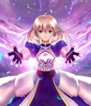  1girl ahoge armor armored_dress artoria_pendragon_(all) blonde_hair breastplate clouds fate/grand_order fate_(series) gloves green_eyes highres juliet_sleeves long_hair long_sleeves looking_at_viewer outstretched_arms puffy_sleeves saber saber_ruri smile solo solo_focus 
