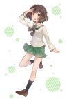  1girl akiyama_yukari bangs black_legwear black_neckwear blouse brown_eyes brown_footwear brown_hair full_body girls_und_panzer green_skirt highres jimanaka_(yukinosingun) leg_up loafers long_sleeves looking_at_viewer messy_hair miniskirt neckerchief ooarai_school_uniform open_mouth pleated_skirt polka_dot polka_dot_background salute school_uniform serafuku shoes short_hair skirt smile socks solo standing standing_on_one_leg white_background white_blouse 