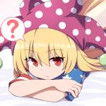  1girl ? arioridream blonde_hair close-up clownpiece fairy_wings hat jester_cap looking_at_viewer lying on_stomach polka_dot red_eyes solo spoken_question_mark star star_print striped touhou wings 