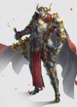  armor breastplate cape commentary full_armor gauntlets helmet highres holding holding_sword holding_weapon horned_helmet horns knight long_sword original red_cape red_eyes ritu_kotokai simple_background solo standing sword weapon white_background 