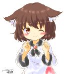  1girl ;) alternate_hair_length alternate_hairstyle animal_ear_fluff animal_ears brown_hair commentary_request dress ears_down highres imaizumi_kagerou kuranabe long_sleeves looking_at_viewer one_eye_closed pink_eyes short_hair sketch smile touhou wolf_ears younger 