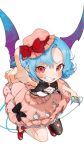  1girl artist_name bangs bat_wings black_bow black_legwear blue_hair blush bow clenched_teeth commentary_request dress eyebrows_visible_through_hair gotoh510 hat hat_bow highres holding looking_at_viewer mob_cap pink_dress pink_headwear pointing red_bow red_eyes red_footwear remilia_scarlet shoes short_hair short_sleeves signature simple_background solo teeth touhou white_background wings 