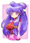  1girl andrea_cofrancesco bangs blush china_dress chinese_clothes closed_mouth double_bun dress eyebrows_visible_through_hair looking_at_viewer pink_dress purple_hair ranma_1/2 shampoo_(ranma_1/2) solo violet_eyes 