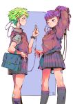  2girls andrea_cofrancesco android bag brown_skirt brown_sweater brown_vest feet_out_of_frame green_eyes green_hair grey_legwear hand_on_hip hand_up high_ponytail holding looking_at_viewer multiple_girls one_eye_closed original pleated_skirt ponytail purple_background purple_hair school_uniform signature skirt socks sweater vest violet_eyes watch watch 