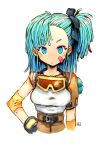  1girl andrea_cofrancesco bandaid_on_cheek black_bow blue_eyes blue_hair blush bow brown-tinted_eyewear brown_pants bulma closed_mouth dragon_ball dragon_ball_(classic) eyebrows_visible_through_hair gloves goggles goggles_around_neck grey_gloves hair_bow hand_on_hip high-waist_pants highres looking_at_viewer medium_hair one_side_up pants signature simple_background solo upper_body white_background 