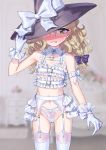  1girl absurdres bare_shoulders black_headwear blonde_hair blurry blurry_background blush bow bow_panties braid brown_eyes clenched_teeth commentary_request depth_of_field frills garter_belt gloves grey_background groin gunnjou_yosio hair_bow hand_on_headwear hand_up hat hat_bow hat_over_one_eye highres kirisame_marisa long_hair panties purple_bow solo teeth thigh-highs touhou underwear white_bow white_gloves white_legwear white_panties witch_hat 