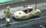  1girl aoi_waffle blonde_hair car green_eyes ground_vehicle hat highres looking_at_viewer mecha military military_uniform motor_vehicle original police_car salute smile solo uniform 