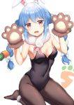  1girl animal_ear_fluff animal_ears bangs bare_shoulders black_leotard blue_hair blush bow braid breasts brown_gloves brown_legwear carrot_hair_ornament commentary_request covered_navel eyebrows_visible_through_hair food_themed_hair_ornament gloves hair_between_eyes hair_bow hair_ornament hands_up highres hololive leotard long_hair looking_at_viewer miya_(tokumei) multicolored_hair no_shoes open_mouth pantyhose paw_gloves paws rabbit_ears red_eyes seiza short_eyebrows sidelocks sitting small_breasts solo strapless strapless_leotard thick_eyebrows twin_braids twintails two-tone_hair usada_pekora very_long_hair virtual_youtuber white_background white_bow white_hair 