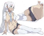  1girl aqua_eyes ass bangs black_panties black_skirt blue_neckwear closed_mouth collared_shirt dark_skin eyebrows_visible_through_hair full_body hair_between_eyes kasshoku-chan_(katuo1129) katuo1129 long_hair looking_away miniskirt multiple_views necktie original panties pleated_skirt reclining shirt short_sleeves silver_hair simple_background skirt sweater_vest thigh-highs twintails underwear upskirt very_long_hair white_background white_legwear white_shirt zettai_ryouiki 