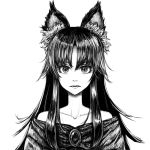  1girl animal_ear_fluff animal_ears bangs brooch collarbone commentary dress english_commentary expressionless fangs hair_between_eyes imaizumi_kagerou jewelry long_hair looking_at_viewer monochrome numenoko off-shoulder_dress off_shoulder parted_bangs parted_lips sidelocks slit_pupils solo touhou wolf_ears 