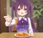  1girl artist_name blush bowl chair eyebrows_visible_through_hair facing_viewer food fork gochuumon_wa_usagi_desu_ka? hair_ornament hairclip hobunsha holding holding_fork indoors loli long_hair looking_at_viewer moe mozukun43 noodles open_mouth pasta plate purple_hair sitting smile solo speech_bubble table tedeza_rize tokyo_mx translation_request twintails twitter_username violet_eyes white_fox_(company) 