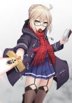  1girl ahoge artoria_pendragon_(all) black-framed_eyewear blonde_hair blue_serafuku coat cross_(crossryou) duffel_coat excalibur fate/grand_order fate_(series) fringe_trim garter_straps glasses hair_between_eyes highres holding holding_sword holding_weapon hooded_coat looking_at_viewer mysterious_heroine_x_(alter) open_clothes open_coat plaid plaid_scarf red_scarf scarf semi-rimless_eyewear simple_background solo sword thigh-highs under-rim_eyewear weapon yellow_eyes 