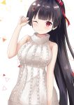  1girl agano_(azur_lane) agano_(dating_game?)_(azur_lane) aran_sweater azur_lane bare_shoulders black_hair blush breasts dress eyebrows_visible_through_hair hair_ornament hair_ribbon hayashi_maka highres long_hair looking_at_viewer medium_breasts one_eye_closed ponytail red_eyes ribbon simple_background sleeveless sleeveless_sweater sleeveless_turtleneck solo sweater sweater_dress turtleneck turtleneck_sweater 