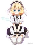  1girl animal_ears aqua_eyes artist_name blonde_hair character_name closed_mouth expressionless fake_animal_ears fleur_de_lapin_uniform gochuumon_wa_usagi_desu_ka? happy_birthday kirima_sharo looking_at_viewer mozukun43 puffy_short_sleeves puffy_sleeves rabbit_ears short_hair short_sleeves sitting solo thigh-highs twitter_username wariza wavy_hair white_legwear wrist_cuffs 