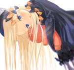  1girl abigail_williams_(fate/grand_order) bangs black_bow black_dress black_headwear blonde_hair blue_eyes blush bow breasts dress fate/grand_order fate_(series) forehead hair_bow hat long_hair long_sleeves looking_at_viewer multiple_bows open_mouth orange_bow parted_bangs polka_dot polka_dot_bow sakazakinchan sleeves_past_fingers sleeves_past_wrists solo stuffed_animal stuffed_toy teddy_bear 