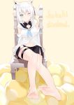  1girl absurdres animal_ears bare_legs barefoot chair feet fox_ears fox_girl green_eyes highres hololive ju_yorimoto_(ranten_yume) look-alike looking_at_viewer namesake navel one_eye_closed shirakami_fubuki silver_hair sitting soles virtual_youtuber 