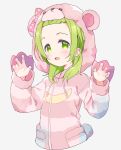  1girl :d animal_ears bear_ears bear_hood blush bow claw_pose commentary_request cropped_torso fake_animal_ears forehead green_eyes green_hair grey_background hands_up hood hood_up hooded_jacket jacket long_hair long_sleeves meito_(maze) morinaka_kazaki nijisanji open_mouth pink_bow pink_jacket polka_dot polka_dot_bow simple_background smile solo striped_jacket upper_body virtual_youtuber 