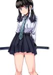  1girl arms_behind_back bangs black_hair blue_eyes blunt_bangs blush highres holding holding_sword holding_weapon katana kouno_hikaru long_hair looking_at_viewer necktie original pleated_skirt shirt skirt smile solo sword twintails weapon white_background white_shirt 