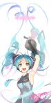  1girl :d absurdres antenna_hair arm_tattoo arm_up armpits artist_name bangs bare_shoulders black_sleeves blue_neckwear blush breasts character_name collared_shirt dated detached_sleeves eyebrows_visible_through_hair grey_eyes grey_shirt happy_birthday hatsune_miku headset highres holding holding_megaphone long_hair long_sleeves looking_at_viewer medium_breasts megaphone necktie open_mouth parted_bangs round_teeth shirt sideboob simple_background smile solo soyoong_jun tattoo teeth twintails upper_body upper_teeth very_long_hair vocaloid white_background 