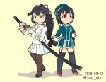  2girls azur_lane back-to-back beige_background beret black_gloves black_hair black_legwear blue_headwear bow breasts commentary_request crossover dated drawing_sword full_body garter_straps gloves hair_bow hair_flaps hat highres holding holding_sheath holding_sword holding_weapon kantai_collection katana large_breasts long_hair luci_ole military military_uniform miniskirt multiple_girls namesake pantyhose pleated_skirt ponytail red_eyes sheath short_hair simple_background skirt sword takao_(azur_lane) takao_(kantai_collection) thigh-highs twitter_username uniform unsheathing weapon white_bow white_skirt 